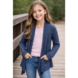 Justice Girls Navy Blue Ribbed Open Cardigan